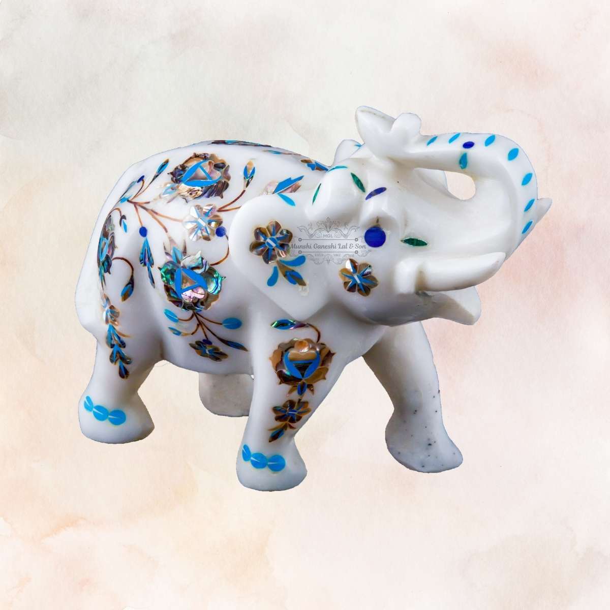 Sky Blue Flower Designed with Golden Leaves Marble Elephant